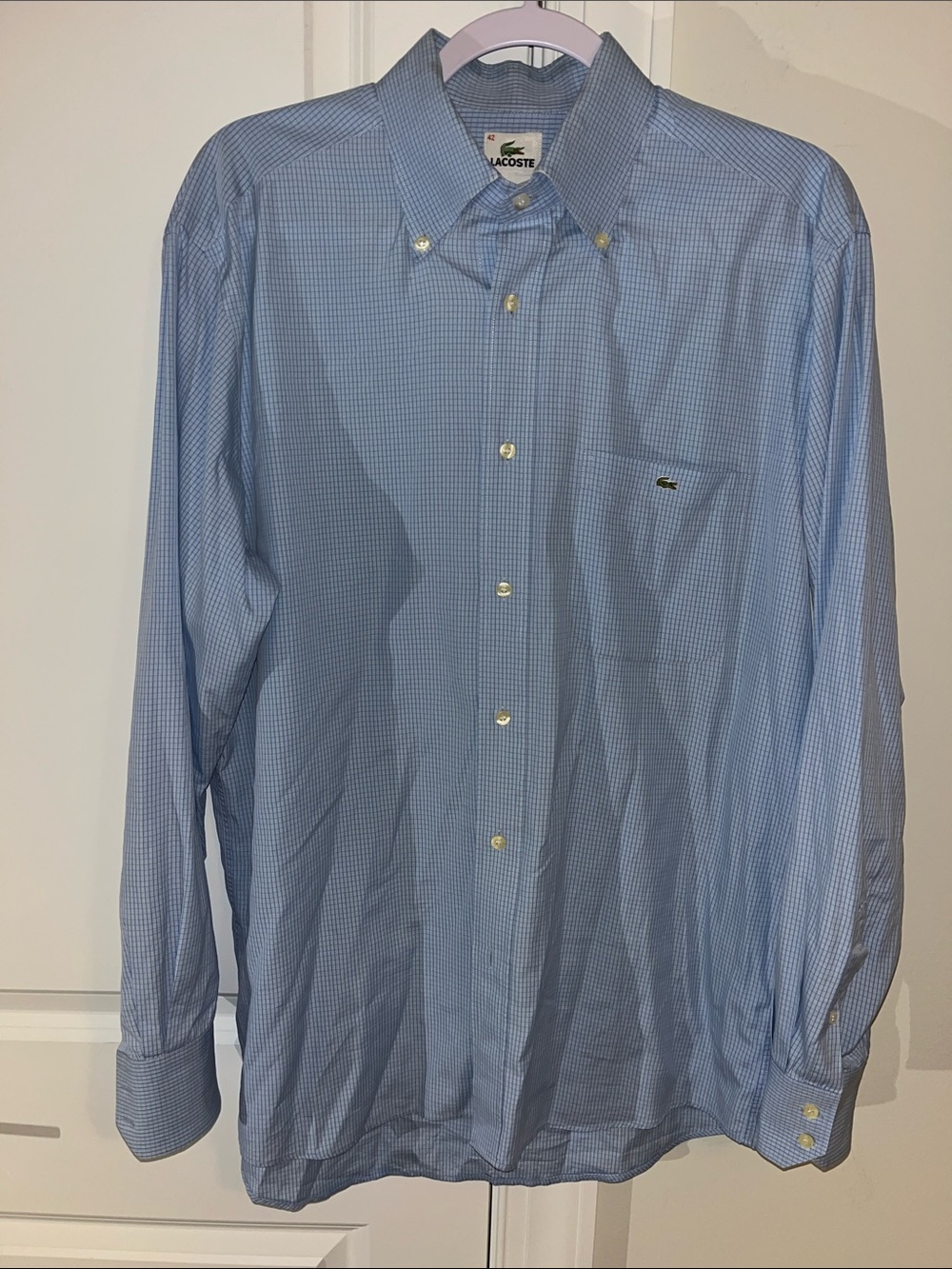 Lacoste Classic Fit 42 Shirt Pale Blue Check Button Down Pocket LS 100% Cotton L